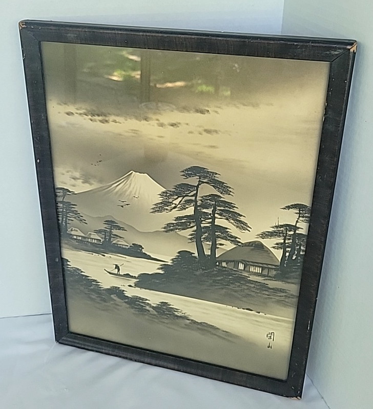Vintage Mt. Fugi Original Black Painting 17″ x 12.75″ framed JAPAN