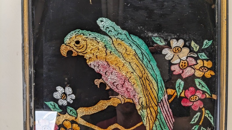 Antique Reverse painted Glass Tinsel foil Art Parrot wood frame 1920's Deco Tiki gallery