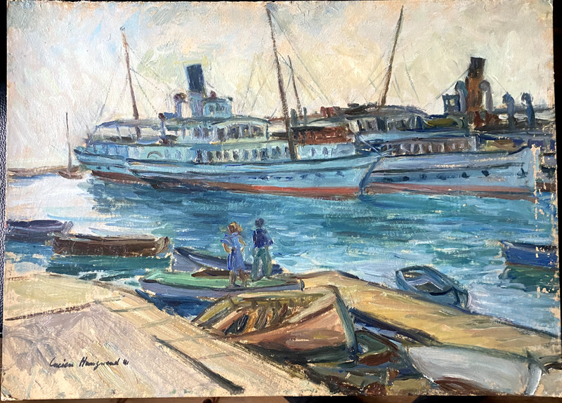 Oil Painting Expressionist Antique Signed Lucien Steamer Port Boats Ships Oil