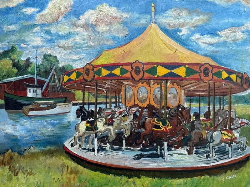 JO CAIN PAINTING CAROUSEL RIDE WPA AMERICAN REGIONALISM FAMOUS OIL ANTIQUE RARE gallery