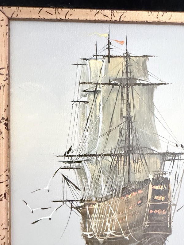 Oil Painting Signed Garcia With Ship Wood Frame 17 1/2 X 16 1/2 gallery