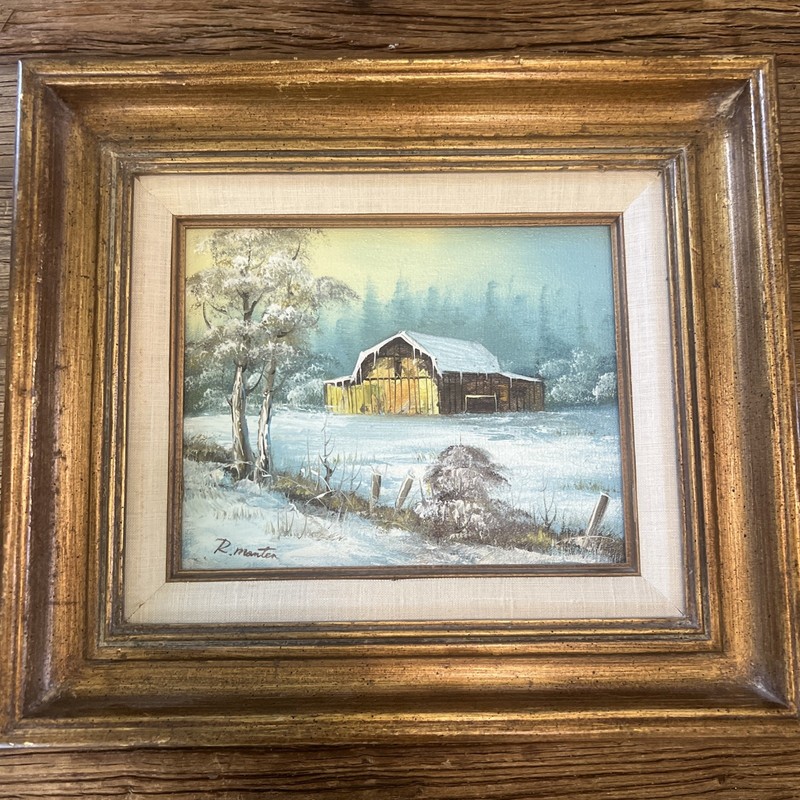 Vintage Oil Painting Signed Monten Winter Barn Farm Landscape Framed 16×14