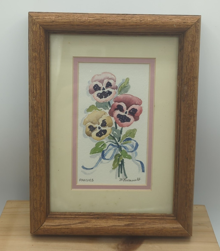 Maureen Frommelt Original Art Pansies Water Color Flowers Oak Frame Cottage Core gallery