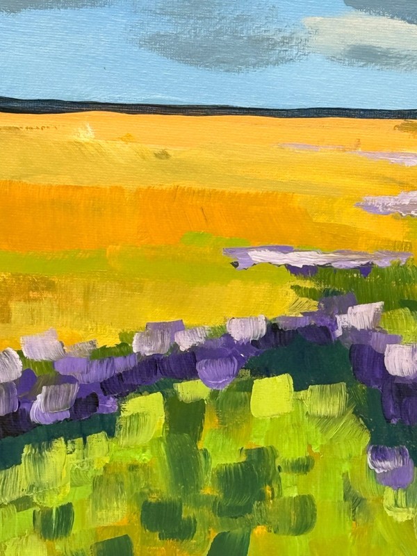 R Stevens Original Acrylic Landscape Painting Purple Flowers Field Clouds 12x12 gallery