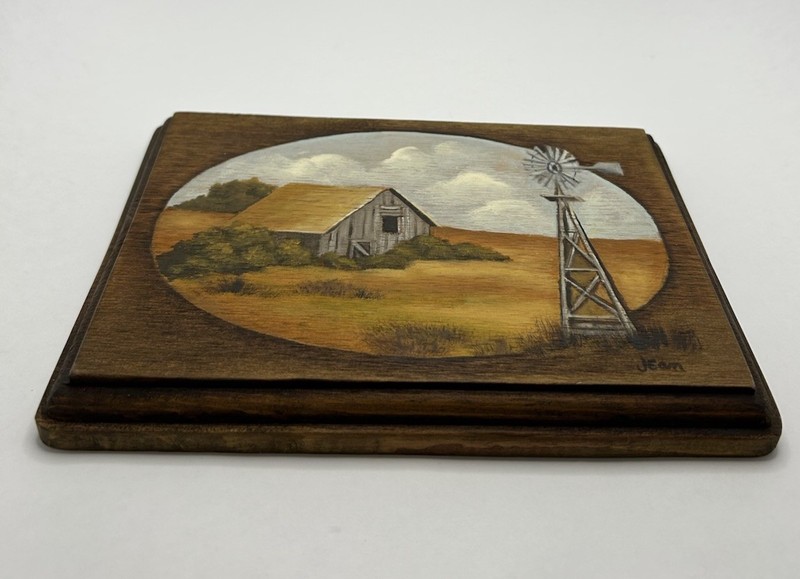 Small Barn And Windmill Landscape Painting On Wood 8x5-3/4 Inches Wall Hang gallery