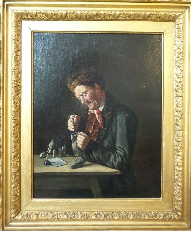 Antique 1886 German MAX KAUFMANN Oil on Canvas Painting Money Counting Merchant gallery