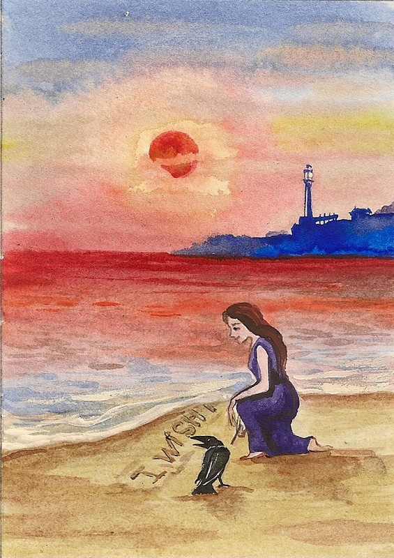 5×7 PRINT OF PAINTING LIGHTHOUSE SEASCAPE CROW RAVEN RYTA BEACH Ocean Art Sea