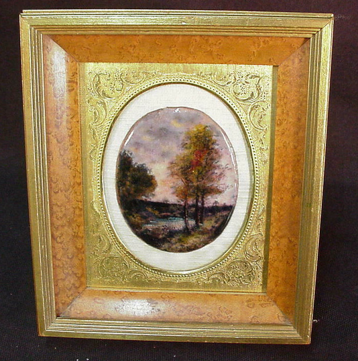 FRAMED LIMOGES MINIATURE ENAMEL PAINTING OF LANDSCAPE IMAGE 3 1/2" BY 2 3/4"