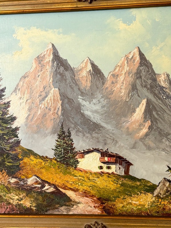 Vintage Orginal Alpine Mountain Landscape Oil Painting Ornate Rococo Frame gallery