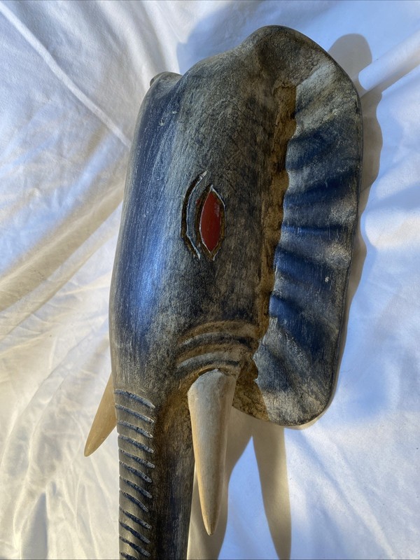 Ghana? Wooden Elephant Wall Art 23” Long-Tusk-Red Eyes-Carved Wood Detailed gallery