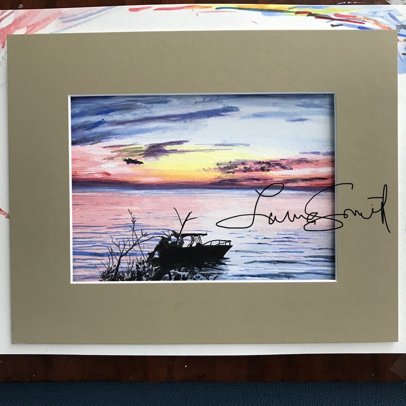 Framed Watercolor Boat Near Sunset Beach Chesapeake Bay ESVA Signed