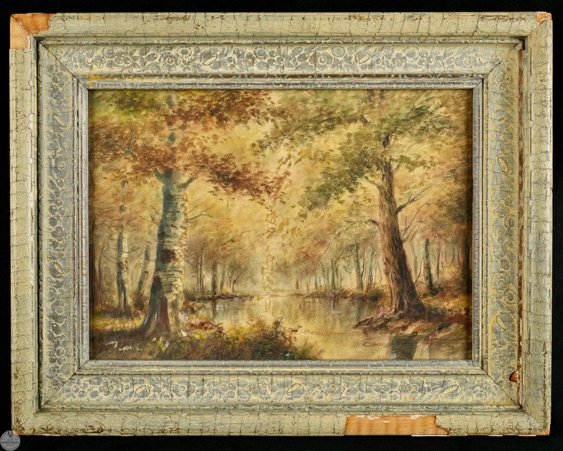 Vintage Original Impressionist Landscape Watercolor «Autumn Woodland Pond»