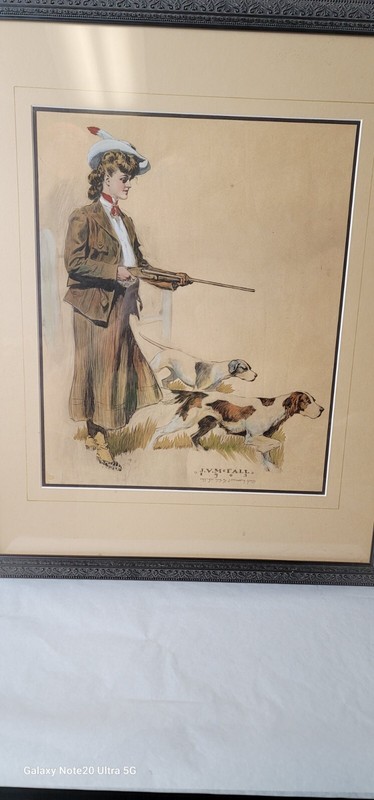 1903 Original Illustration JV Mcfall By Ellsworth Gross Lady Hunter Setter Dogs