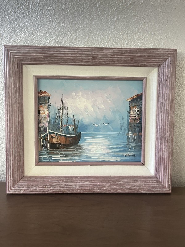 Original Artist Signed Oil Painting Harbor Scene Boats- Davis