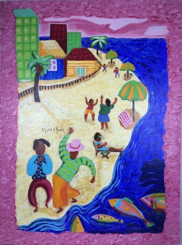 Art Tropical Beach Painting Whimsical Florida Ocean Resort Sand Original 35×47