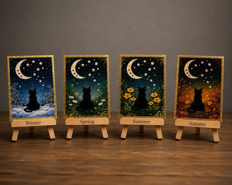 ACEO Limited Edition Print Set Four Seasons Cat Art 3.5x2.5 gallery