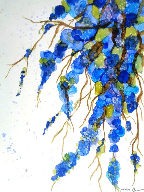 Original BEAUTIFUL CASCADING BRIGHT BLUE FLOWERS FLORAL Painting ART 8.5X11