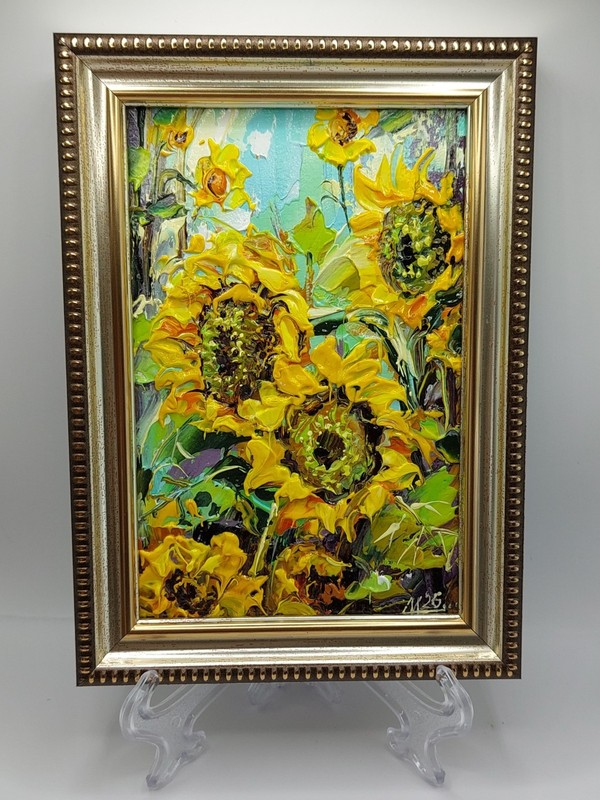 Original Sunflowers Oil Painting Framed Miniature Field Floral Impasto Artwork gallery