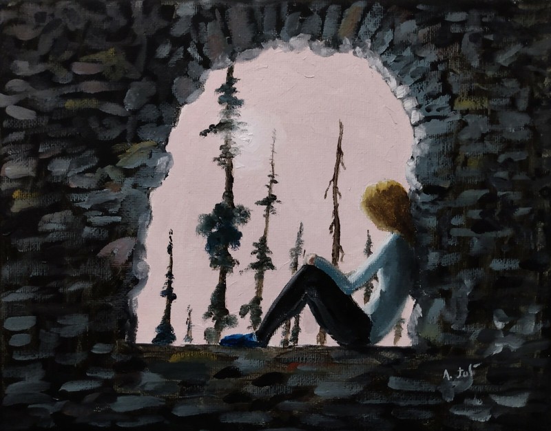 Oil Painting Woman Girl in Castle Window Sunrise Landscape Figure Art by A. Joli