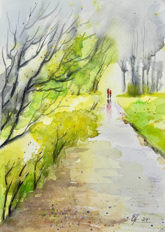 Original Painting spring Park Yellow Green Landscape Romantic Walking Tour