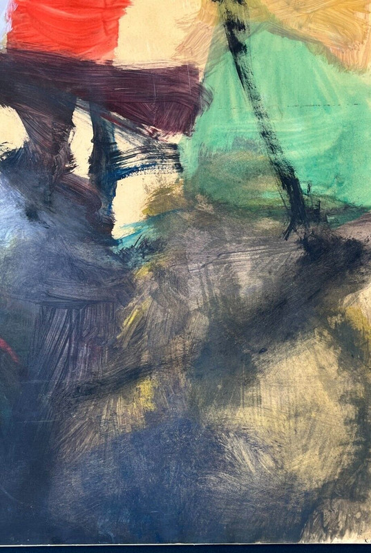 LARGE, MID-CENTURY MODERN ABSTRACT "COMPOSITION" WATERCOLOR/MIXED MEDIA. SIGNED gallery