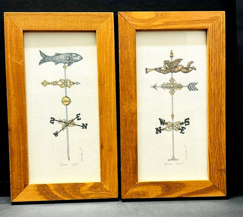 💕Lot of 2 Vintage Watercolor Painting Angel & Fish Weathervane N S W E Signed