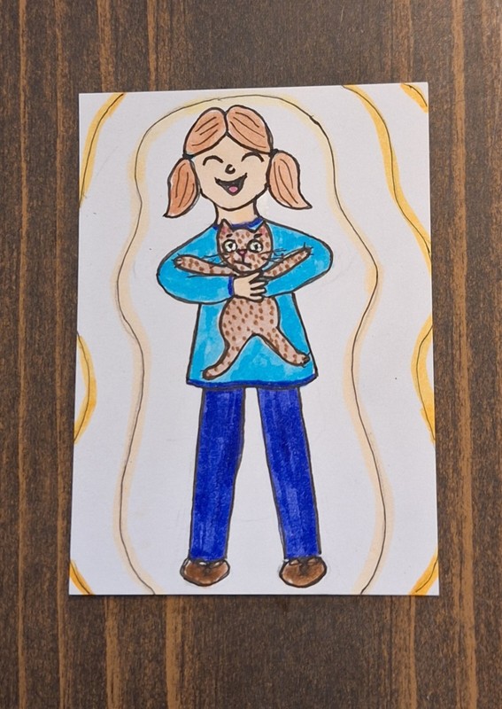 ACEO Original Girl and Her Cat Cartoon Watercolor Painting