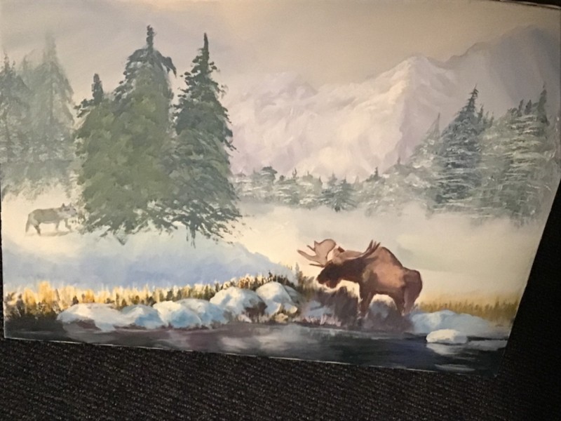 Original Vintage Art~Wildlife Canvas Acrylic Painting Wolf Hunting Bull Moose gallery
