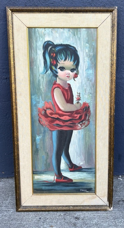 EDEN Big Eyes Original Signed MCM Vintage Oil Painting Little Girl Ballerina