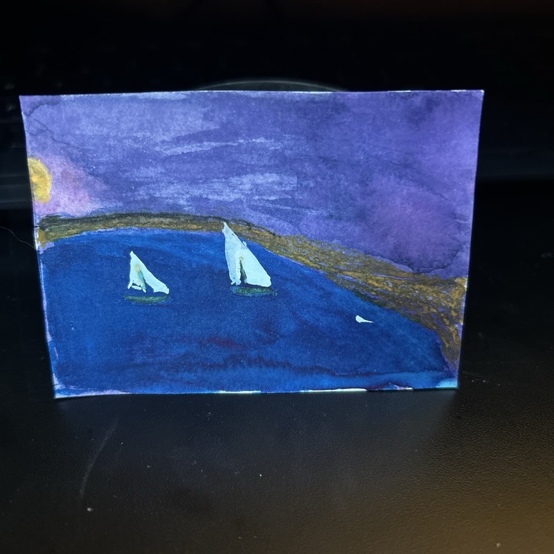 ACEO Original Watercolor Sunset Seascape Mini Painting Art Card Signed