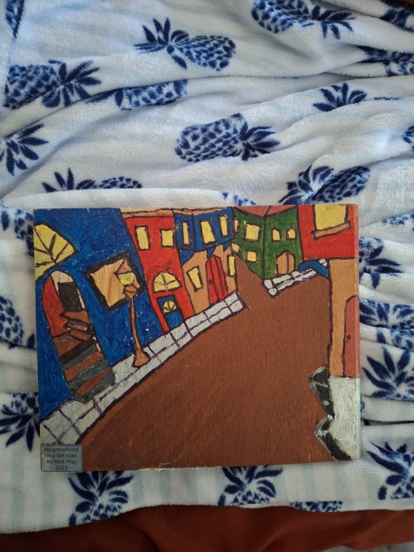 hobbyist wood painting on oak stair tread piece