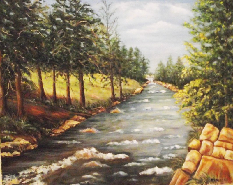 M RUSSELL LANDSCAPE STREAM ORIGINAL OIL PAINTING CANVAS SIGNED SOLID WOOD FRAME