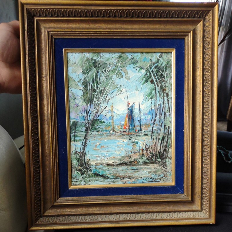 Mid Century Oil Painting On wood by Louis Spiegel Rare harbor scene duel signed