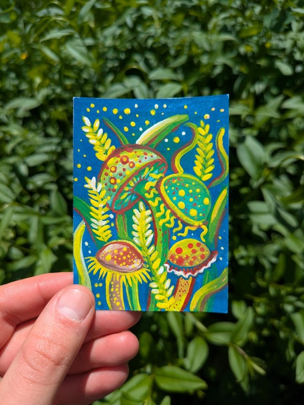 Aceo Original Art Card Painting, Magic mushrooms, Whimsy, 3.5×2.5 inch Mini