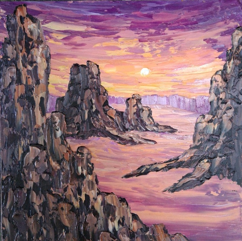 8″ Textured IMPASTO desert mountains sunset purple original oil painting