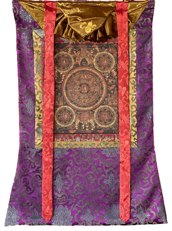 BUDHHA LIFE / WHEEL OF LIFE MANDALA TIBETAN THANGKA PAINTING WITH SILK BORDER