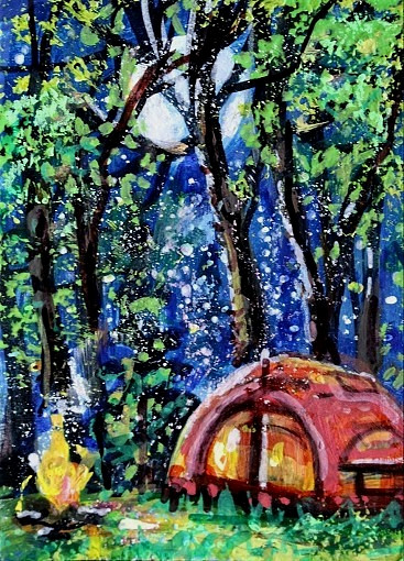 ORIGINAL ACEO Painting CAMPING Tent Fire Trees Woods Moon Night Stars ATC ART