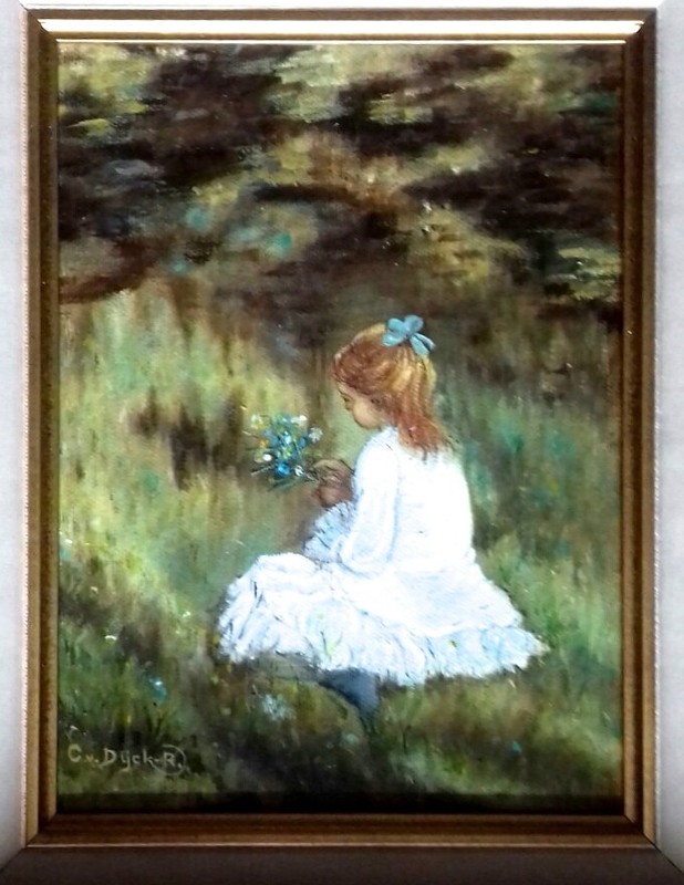 Vintage Impressionist Oil Painting of a Young Girl Picking Flowers 13x15 Signed gallery