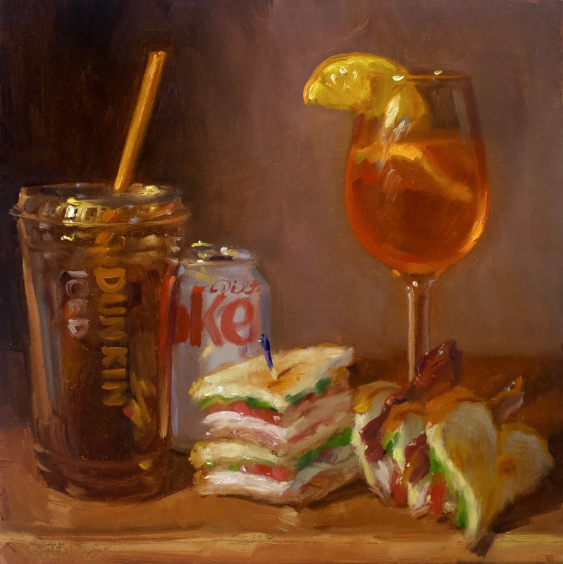 DC, Coffee, Club & Aperol Spritz (Hand Embellished) VERRIER Still life painting