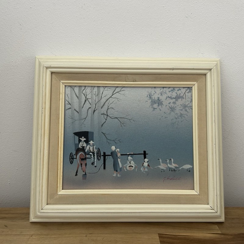 Vintage 80s 90s Painting Signed Framed Amish Airbrush Cottage Farmhouse Grandma