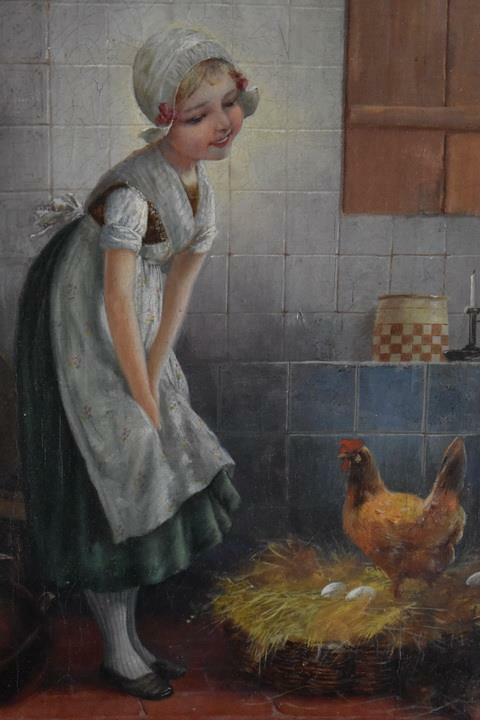 CHARMING ORIGINAL F TILGNER SIGNED EDMUND ADLER OIL PAINTING YOUNG GIRL WITH HEN