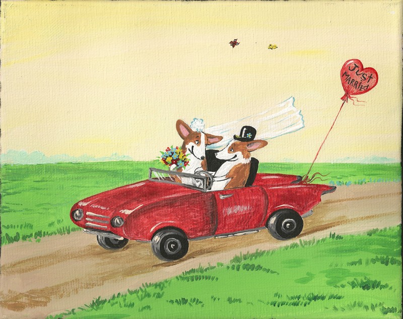 8X10 FOLK ART PRINT PAINTING RYTA PEMBROKE WELSH CORGI VALENTINES DAY wedding 🌺