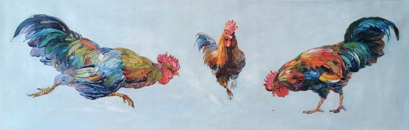 Hand Painted Art Oil Paintings Original Animal Colorful Roosters Cocks 35x110cm