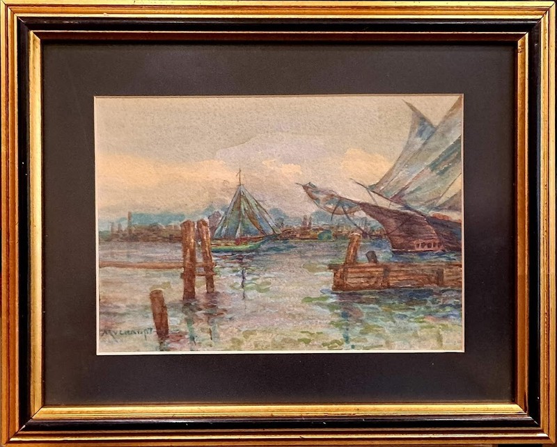 Frederick J. Mulhaupt (1871-1938) Original Gloucester Harbor Watercolor Painting