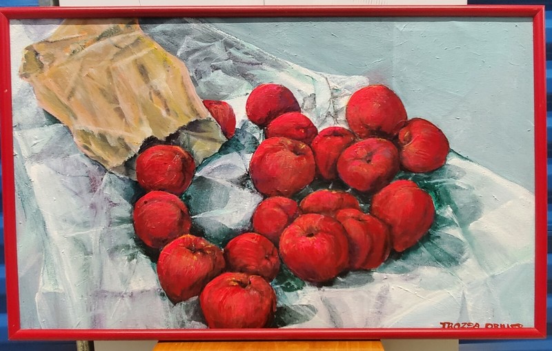Vtg Apples from Summer Apple Orchard 19″x 31″ Red Framed oil on canvas Signed