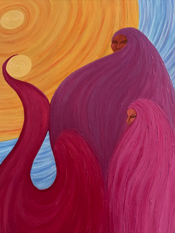 Vintage Figural Abstract Surrealism Painting 22x28" signed Women in Sun gallery