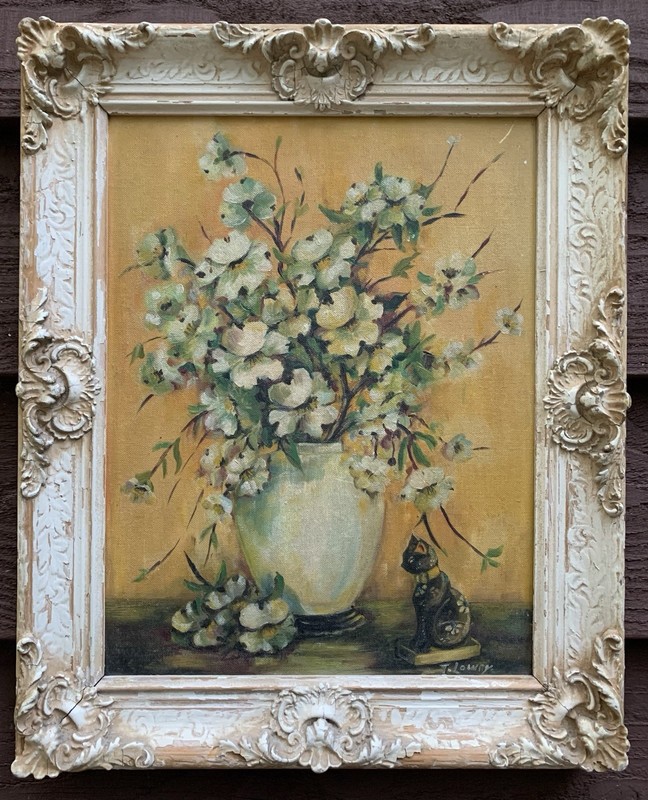 c1950 Floral Still Life Painting Cherry Blossoms Shabby Chic Signed Orientalist gallery