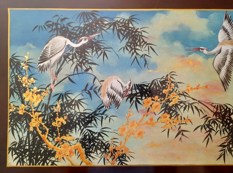 Vintage Asian Art Cranes Lotus Acrylic Painting on Plywood Vietnam 31 x 16 in gallery