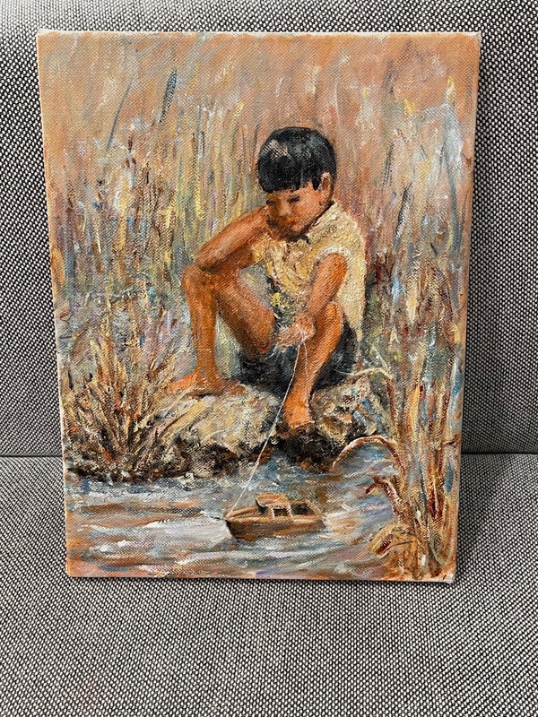 Impressionist Style Oil on Canvas Painting of a Young Boy with Toy Boat by Water