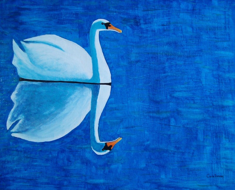 Painting Swan Original Signed Art White Bird Blue Still Water Lake Carla Dancey